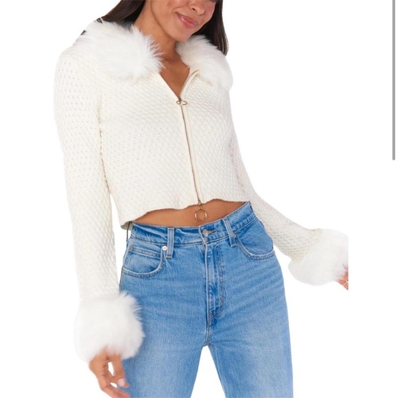 Show Me Your MuMu Zermatt Zip Up White Pebble Knit with Faux Fur New with Tags! - Picture 4 of 12
